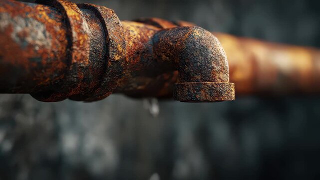 Rusty pipe with water dripping in an old building at a construction site, showing signs of wear and age