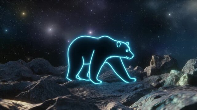 Glowing neon bear silhouette on rocky terrain under starry night sky.