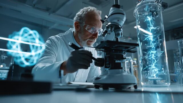 Scientist works in laboratory with microscope and laboratory equipment during research on new experiments and studies