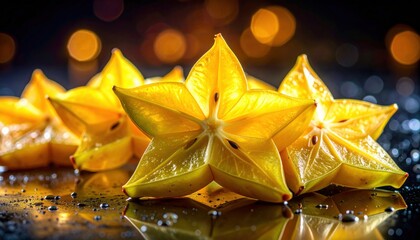 Close-up of glistening starfruit slices showcasing their unique star shape and vibrant yellow hue.