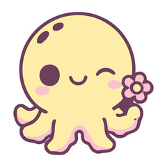 A cute cartoon octopus holding a pink flower with a smiling face