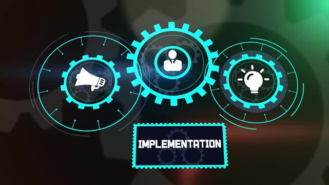 Professional implementation footage for corporate operations, strategic planning and task execution with blue gear mechanism symbols