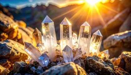 Collection of Shimmering Quartz Crystals Illuminated by Warm Golden Sunlight