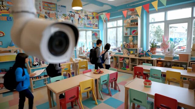 Security camera observes classroom arrangement with colorful chairs and artwork during school hours in an educational setting