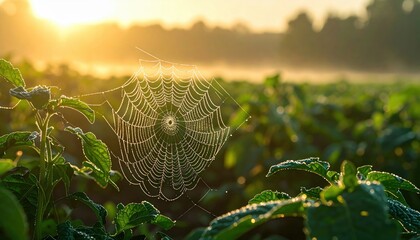 Dew-covered spider web glistening in warm morning sunlight amidst a misty green field