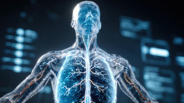 Human anatomy: This image showcases a detailed depiction of the human body's inner workings, with an emphasis on its intricate network of vessels and organs.