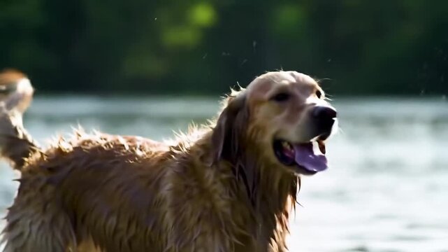 Golden Retriever Dog Playing Water.
