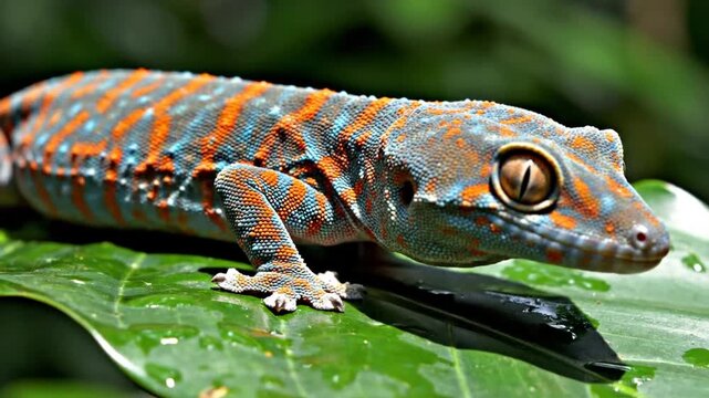 Vibrant gecko on wet leaf in lush greenery