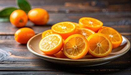 Freshly Sliced Vibrant Orange Kumquats Presented in a Rustic Bowl on a Wooden Surface