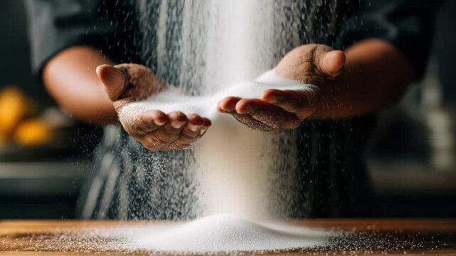 Hands sprinkle sugar over a wooden surface in a kitchen during a daytime cooking session with fresh ingredients visible in the background