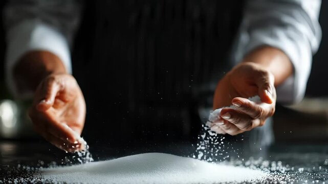 Hands sift sugar over a surface in a kitchen while preparing for baking or cooking, captured in soft light during the day