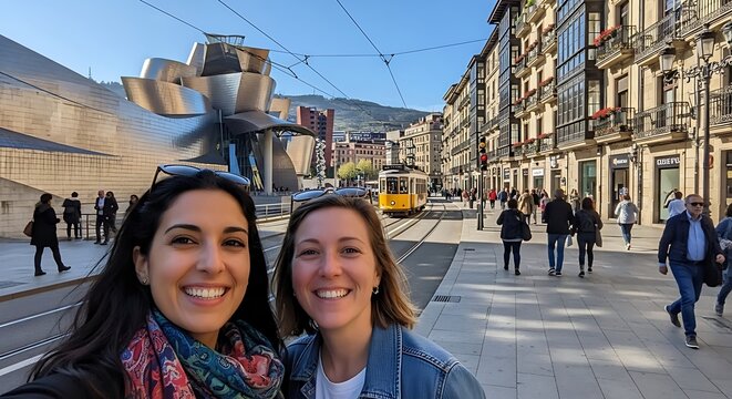 Two happy female companions take a daytime selfie in a vibrant European city center featuring modern architecture and street transportation