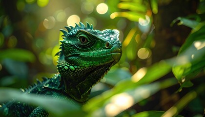 Intense Green Basilisk Reptile with Detailed Scales Emerges from Lush Jungle Foliage