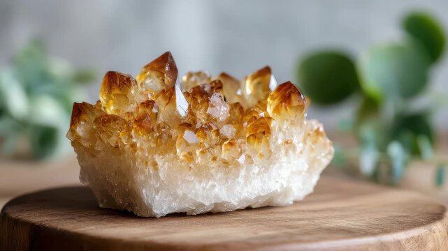 Citrine crystal cluster placed on a wooden surface surrounded by green plants during daylight