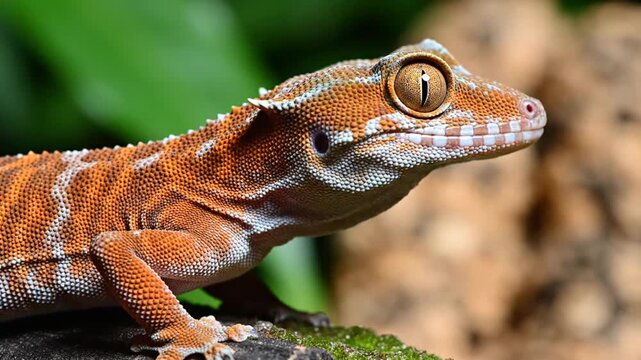 Vibrant orange gecko with striking white stripes on rock