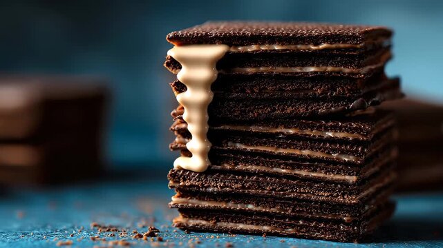 Stacked chocolate wafers on a blue surface in a kitchen setting during daytime