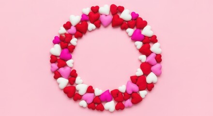 Obraz premium heart shaped objects arranged in a circular frame on pastel pink background for valentine's day romantic love celebration decoration
