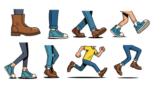  Cartoon legs in shoes. Comic retro feet in different poses, funny character mascot foot in boot, leg standing, walking, running, jumping