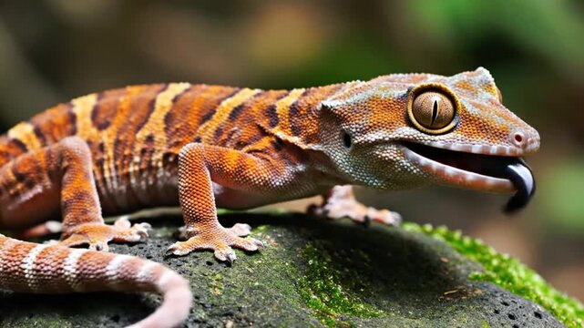 Vibrant orange gecko perched on mossy rock in natural habitat