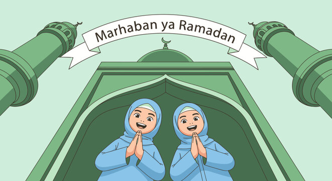 Two joyful Muslim girls in hijabs offer a warm welcome greeting in front of a mosque, celebrating the holy month of Ramadan with traditional blessings.