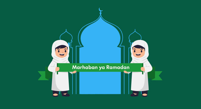Two adorable cartoon children in traditional attire joyfully hold a 'Marhaban ya Ramadan' banner, celebrating the holy month against a mosque silhouette.