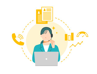 コールセンターのCTIシステムを活用してコンピュータと電話が連携しているイラスト