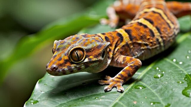 Vibrant gecko perched on lush green leaf with dew drops