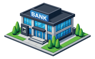 Obraz premium Isometric illustration of a modern bank building depicting its exterior with an atm for financial services