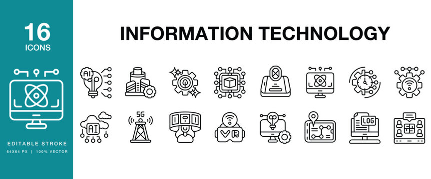 Information Technology icon set. Includes information, technology, it, digital, computer, network and More. Editable Stroke Icon Collection.
