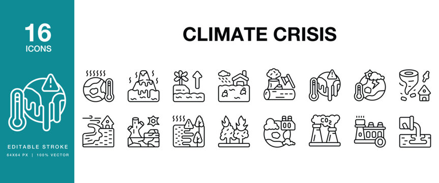 Climate Crisis icon set. Includes climate, crisis, warming, heating, emission, carbon and More. Editable Stroke Icon Collection.