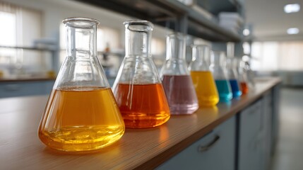 A row of colorful liquids in laboratory flasks arranged on a wooden bench