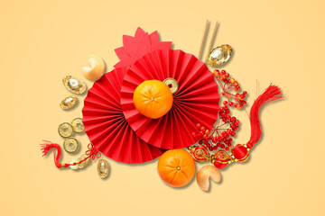 Festive decorations featuring golden oranges and red elements