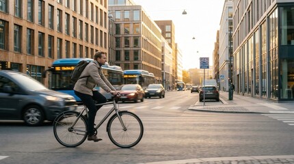 Young man commuting by bicycle on busy city street during golden hour