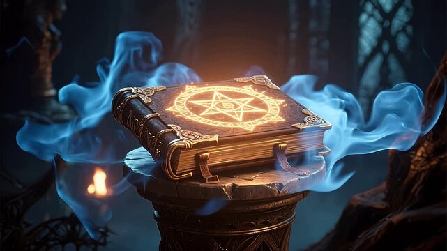 Mystical glowing book on pedestal