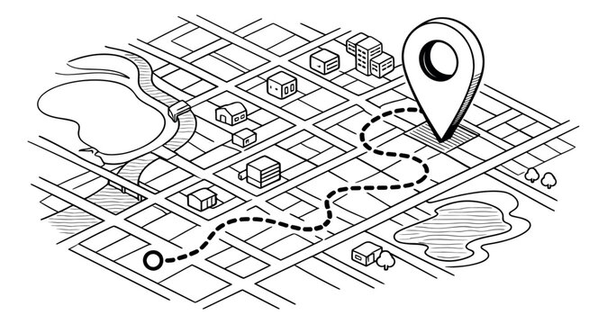 Hand drawn line art isometric illustration of a city map depicting a navigation route with a location pin for travel and logistics concepts
