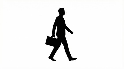 Clean Black Silhouette of Businessman Walking Confidently Towards Right with Briefcase on White Background - Career and Success Concept