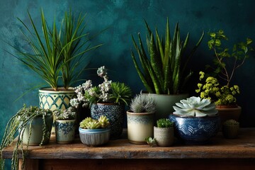 Assorted potted plants display on a rustic wooden table against a teal wall