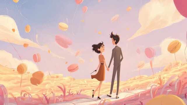 Couple walks hand in hand through a field with colorful balloons in the sky and macaroons scattered around at sunset