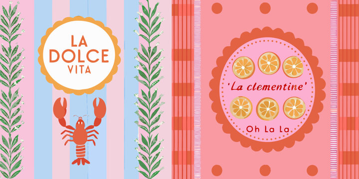 Colorful illustration featuring lobster oranges and text on a patterned background