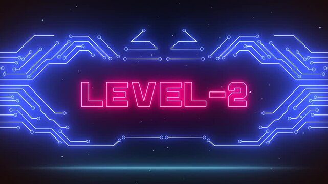 Level 2 neon gaming interface for advancing esports tournament highlights, intermediate game tutorials and streaming assets