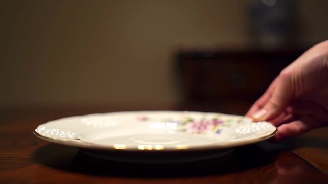 Hand holding empty plate on table.