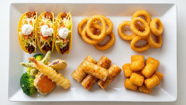 A white platter features a variety of fried appetizers including tacos with sour cream, onion rings, mozzarella sticks, tater tots, and fried vegetables such as broccoli and carrots