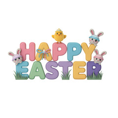 Fototapeta premium Stylized colorful 3d happy easter text graphic featuring cartoon bunnies and chick isolated on transparent background.
