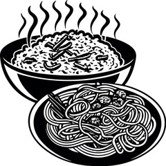 Steaming Rice Bowl and Noodles Plate  Asian Food Black and White Illustration isolated  on White Background.
