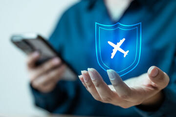 Travel insurance concept with airplane shield icon representing protection, safety, and coverage...