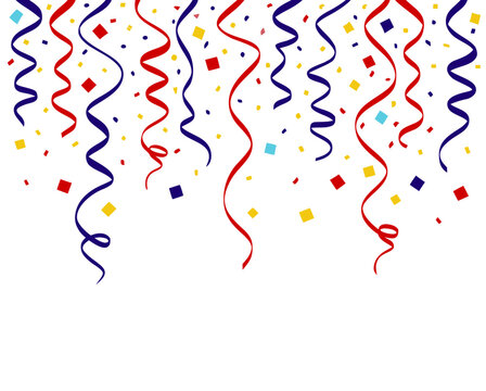 Vector illustration of festive hanging ribbons and multi-colored confetti on white, party background with falling confetti and curly spiral streamers for birthday or anniversary invitation.