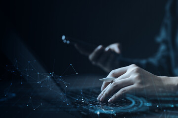 Big data technology concept with digital network visualization, database systems, and data...