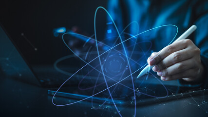 Quantum computing and artificial intelligence concept showing advanced data processing, algorithms,...