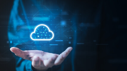 Cloud computing concept with digital data flow, virtual servers, and network connections representing scalable storage, global infrastructure, and modern cloud technology.