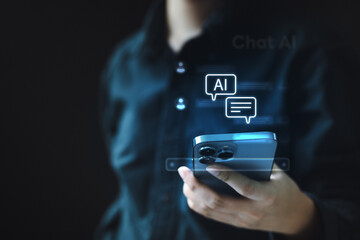 AI chatbot assistant on smartphone screen showing digital conversation interface. Concept of...